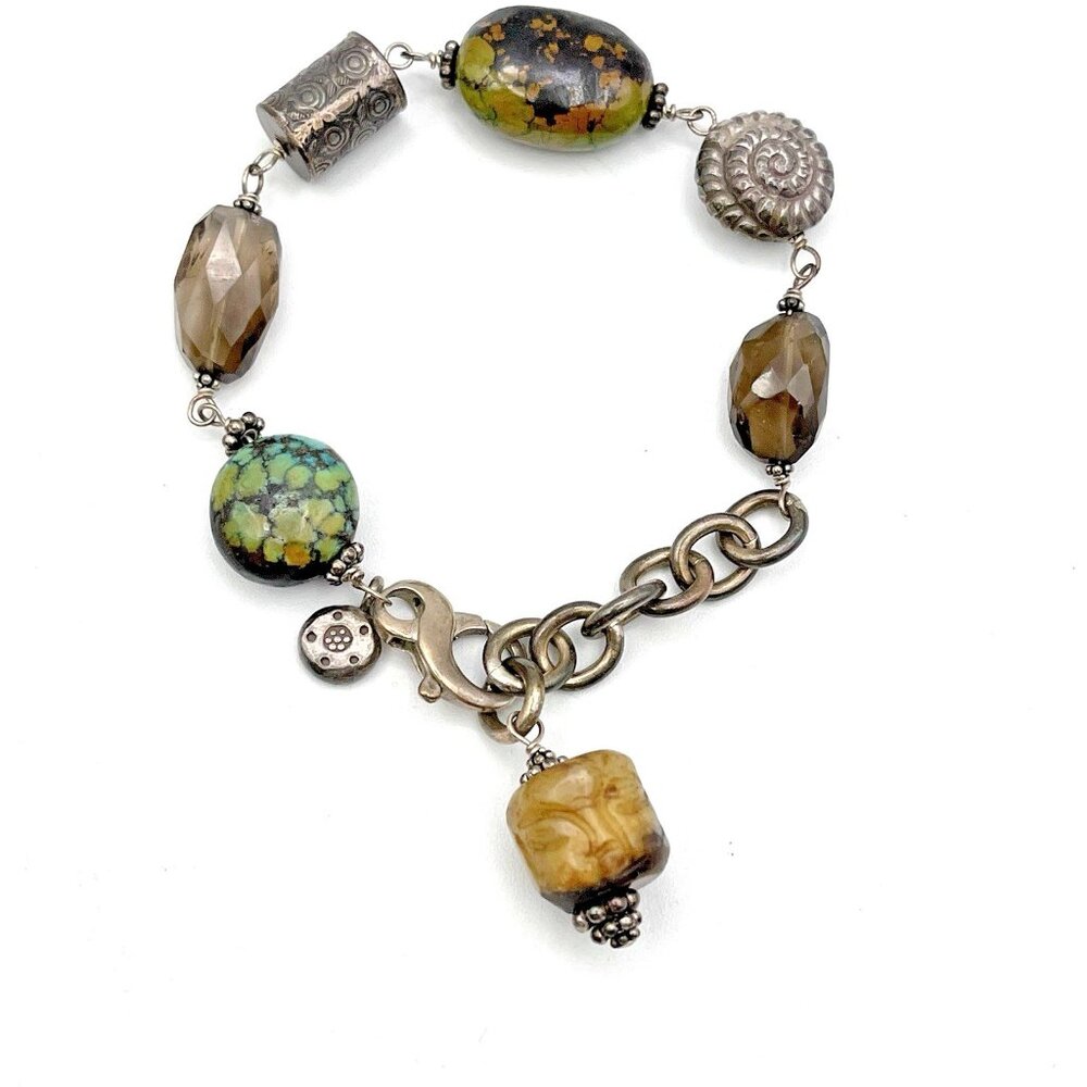 Vintage Sterling Silver Turquoise and Smoky Topaz Bead Bracelet 7"
